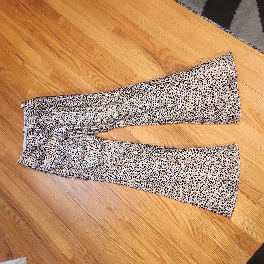 Gold Sequins Animal Print Bell Wide Leg Pants Fully Lined Size 2